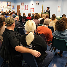 Tracy K. Smith reads and discusses poems from "American Journal" with a packed room at the South Lafourche Public Library in Cut Off, LA. December 15, 2018. Credit: Kevin Rabalais.